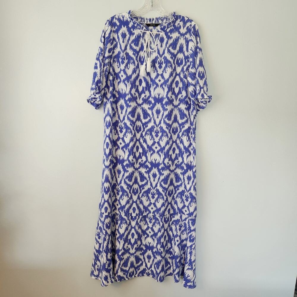 Dokotoo Summer Beach Maxi Dress Womens L Blue White Abstract Coastal Cottagecore